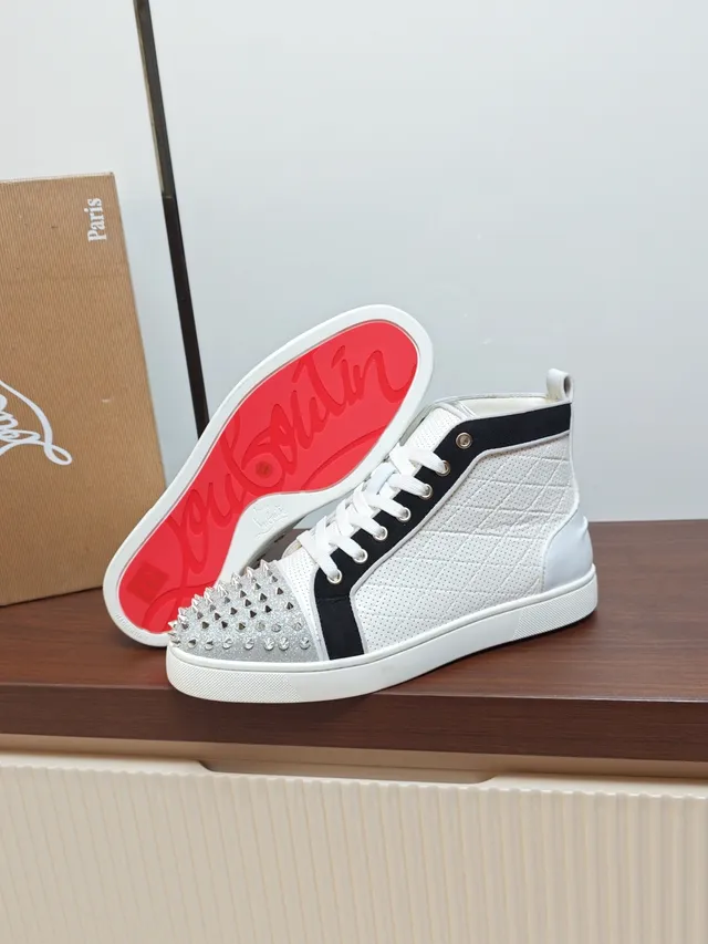 Christian Louboutin White Black High-Top Perforated Quilted Upper Lifestyle Sneakers