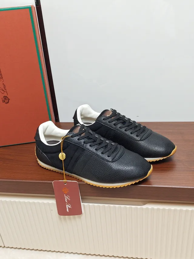 Loro Piana Black Textured Leather and Suede Sneaker