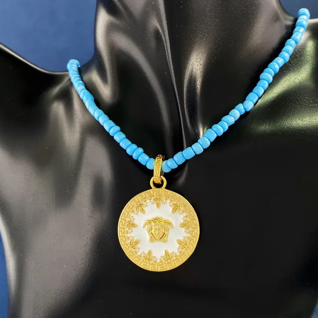 Versace Medusa Icon Red Gold Beaded Chain Pendant Necklace
