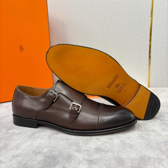 Hermès Double Monk Strap Cap Toe Brown Leather Monk Shoes