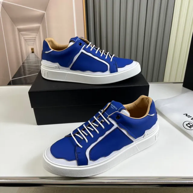 Balmain Blue White Low-Top Leather-Panelled Lifestyle Sneakers