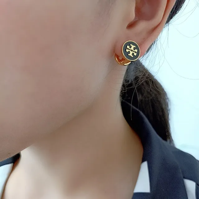 Tory Burch Mini Logo Stud Red Gold Circular Enamel Face Earrings