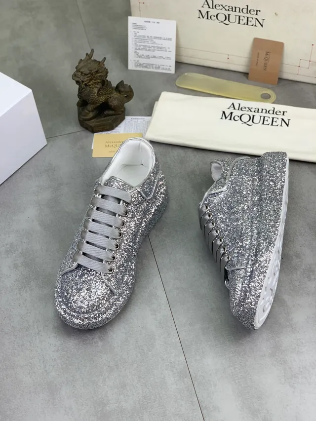 Alexander McQueen Silver White Glitter-Covered Platform Sole Lifestyle Sneakers