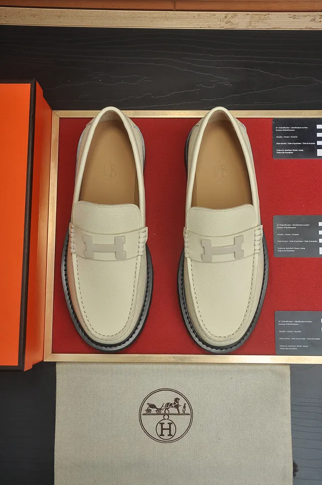 Hermès H-Buckle Loafer Beige Black Hardware Textured Leather Loafer