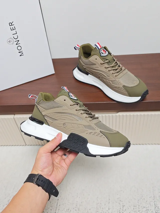 Moncler Army Green Beige Multi-Material Upper Sculpted White Midsole Sneakers