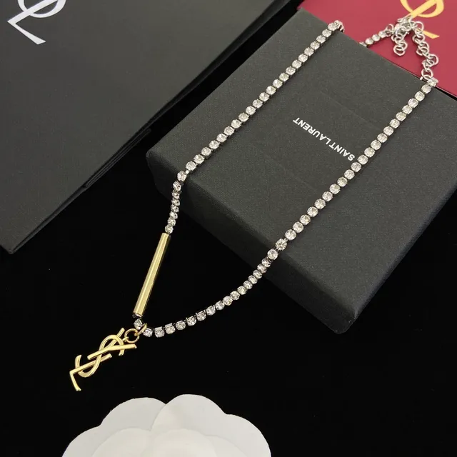 Saint Laurent Silver Gold Crystal-Encrusted Chain YSL Monogram Pendant Necklace
