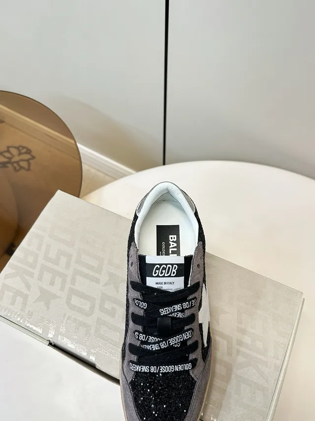 Golden Goose Ball Star Black Glitter and Gray Suede Lifestyle Sneakers