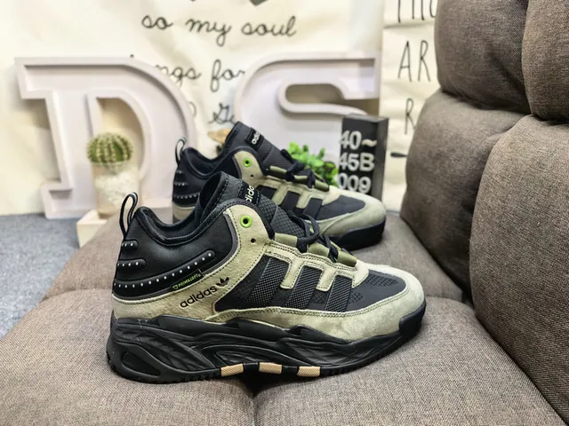 Adidas Army Green Black Layered Midsole Padded Collar Chunky Sneakers