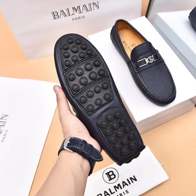 Balmain B-Court Black Beige Pebbled Leather Metal Buckle Loafer