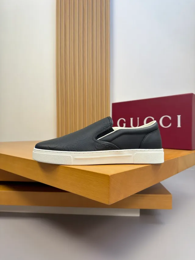 Gucci Black White Embossed GG Monogram Slip-On Construction Loafer