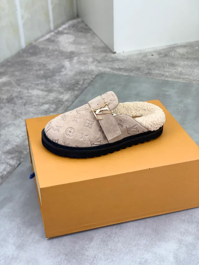 Louis Vuitton Monogram Suede Mule Beige Gold Monogrammed Shearling-Lined Loafer