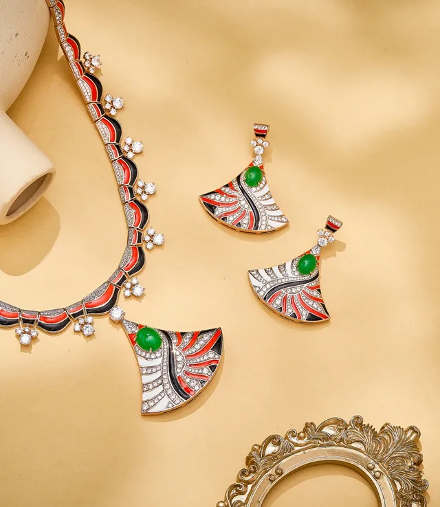 Gold Multicolor Fan-Shaped Enamel Inlay Earrings