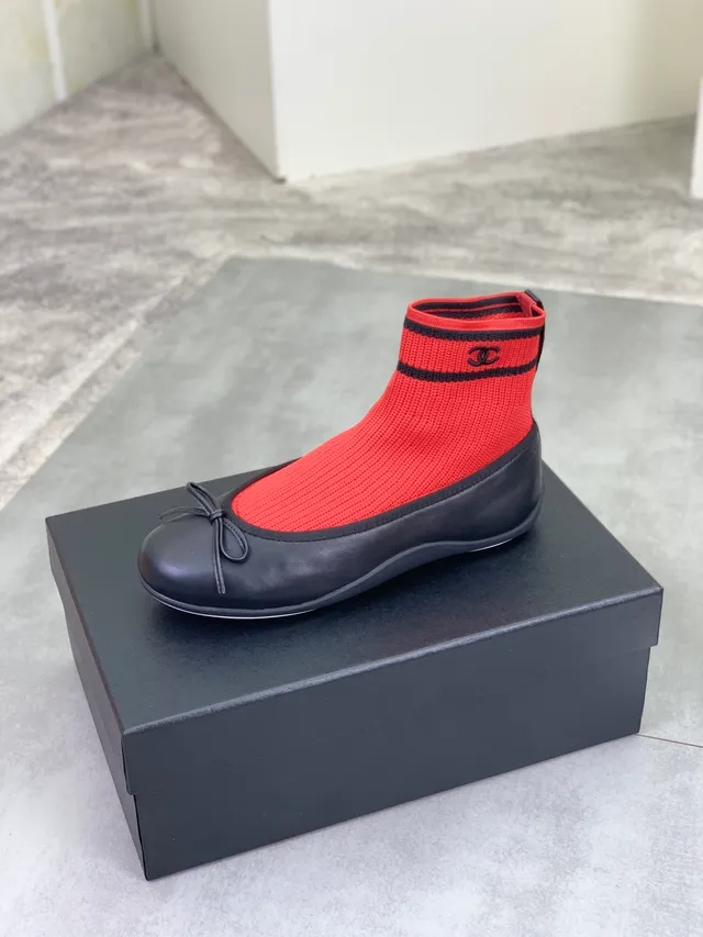 Chanel Red Black Knit Sock Upper Leather Toe Cap Ballet Flat