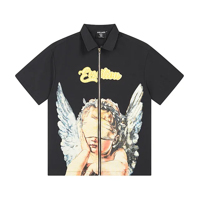 Mixed Emotion Black Yellow Zip-Front Graphic-Print Shirt