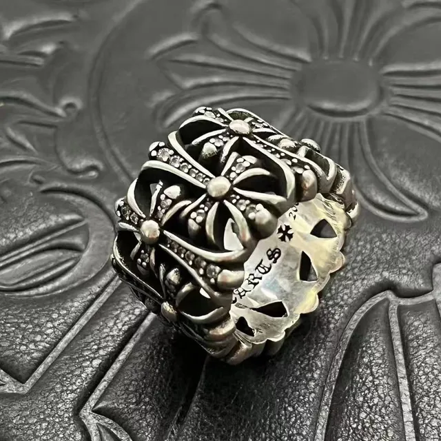 Chrome Hearts Floral Cross Pavé Oxidized Silver Ring