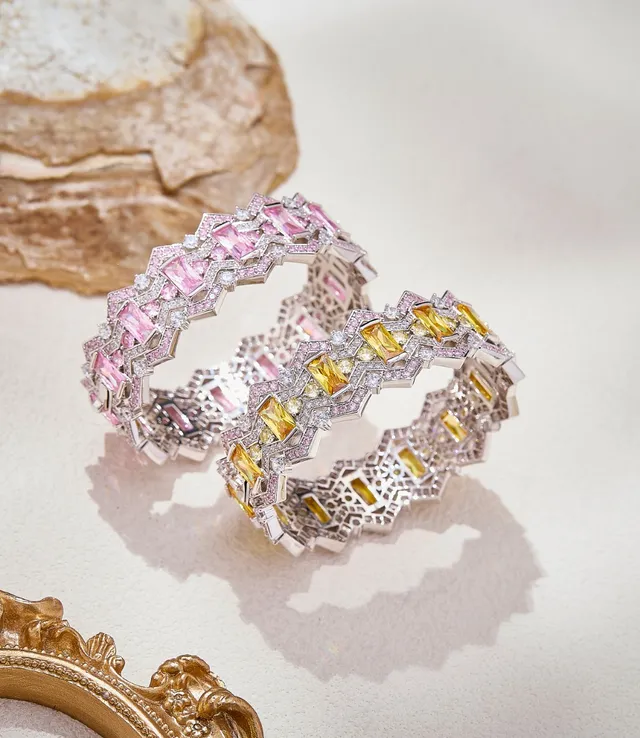Geometric Pavé-Set Pink and Clear Stone Silver-Tone Bangle Bracelet