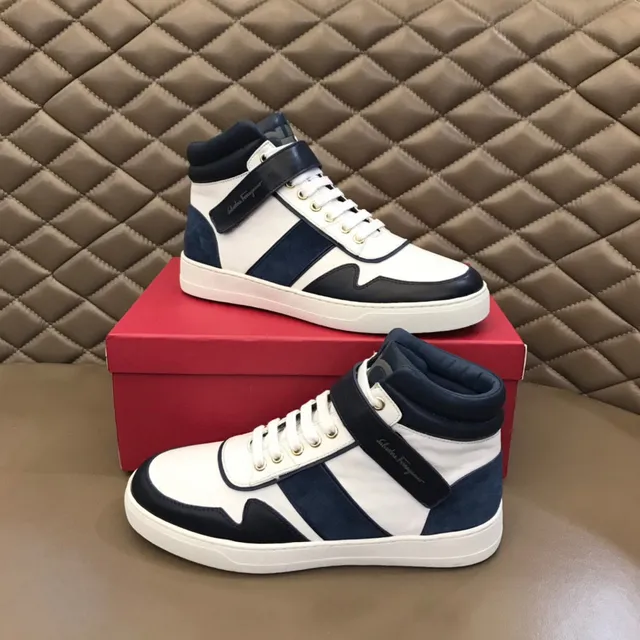 Salvatore Ferragamo White and Navy High-Top Strap Sneakers