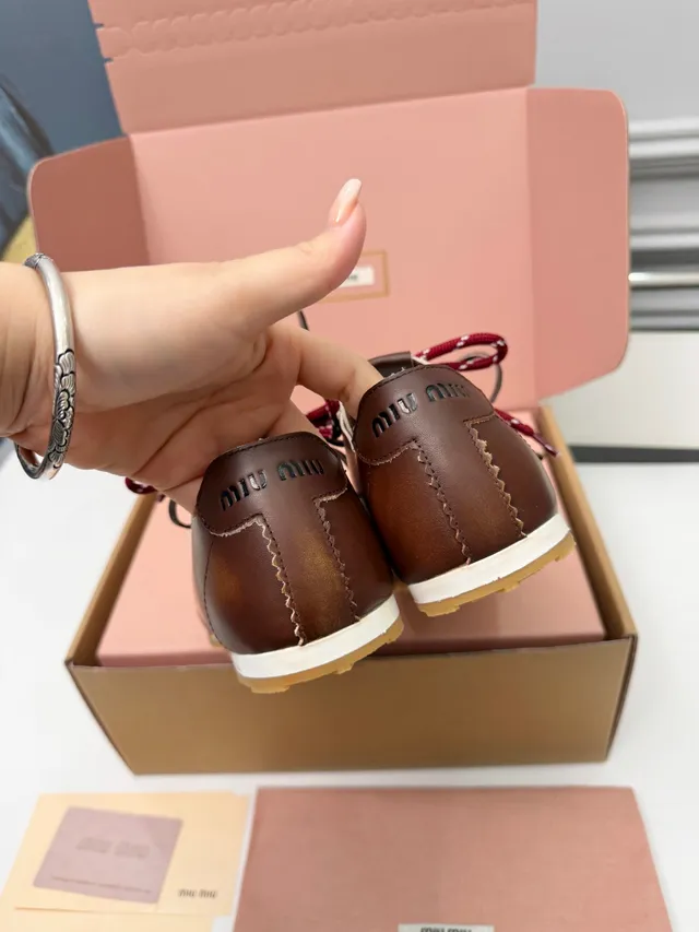 Miu Miu Brown Red Leather Upper Dual-Tone Laces Sneakers