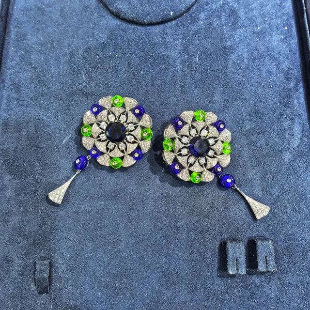 Floral Geometric Pavé Cabochon Dangling Earrings