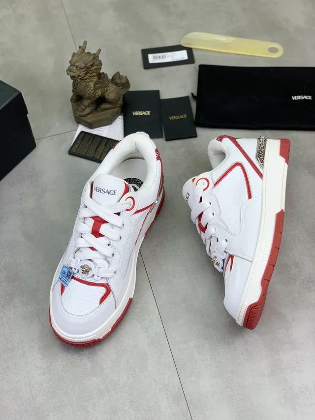 Versace White Red Greca-Embossed Leather Medusa Hardware Lifestyle Sneakers
