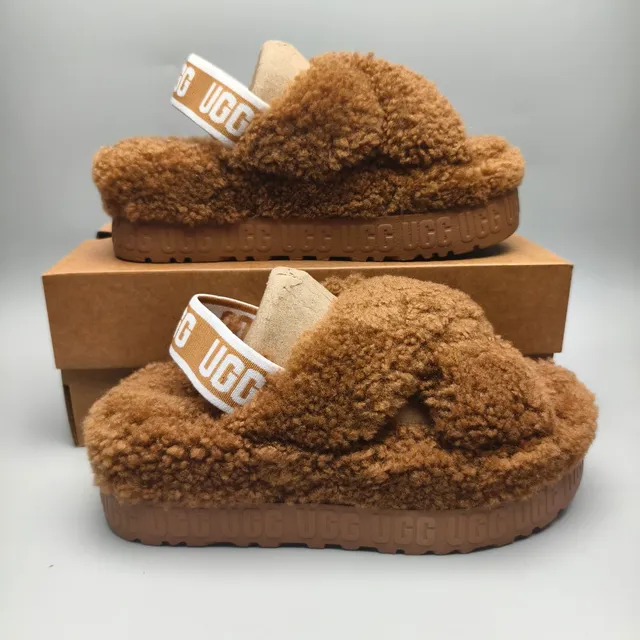 UGG Tasman Chestnut Brown Plush Shearling Cross-Strap Slippers
