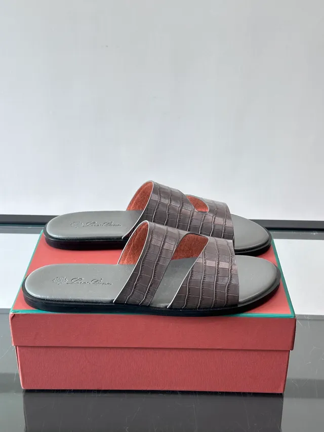 Loro Piana Croc-Embossed Two-Strap Slide Casual Sandals