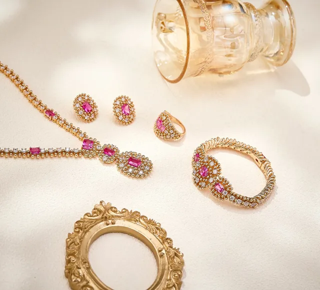 Gold Pink Bead-Set Pavé Diamond Accents Ring