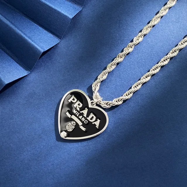 Prada Heart Pendant Necklace White and Black Enamel Rope Chain Necklaces