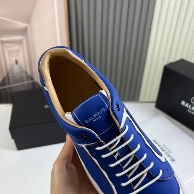 Balmain Blue White Low-Top Leather-Panelled Lifestyle Sneakers