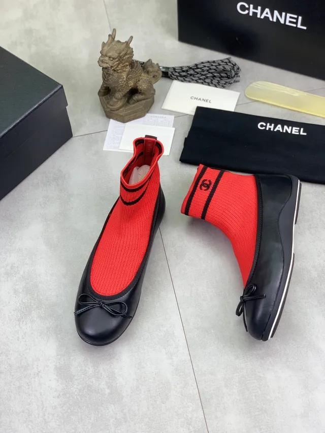 Chanel Red Black Knit Sock Upper Leather Toe Cap Ballet Flat