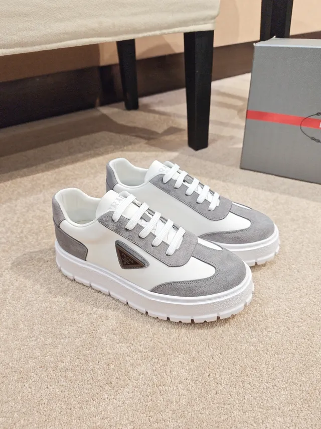 Prada White Gray Two-Tone Suede And Smooth Upper Chunky Sneakers