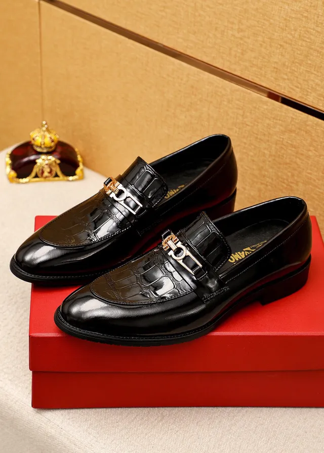 Salvatore Ferragamo Gancini Loafer Black Patent Croc-Embossed Loafers