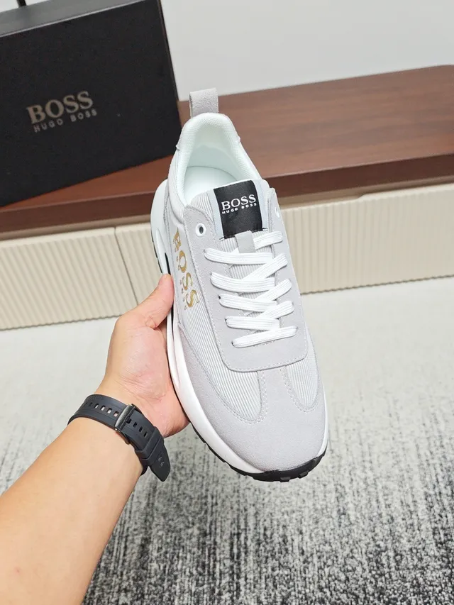Hugo Boss Gray White Low-Top Mixed-Material Upper Sneakers