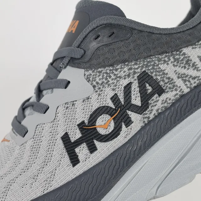 Hoka Gray Orange Engineered Knit Upper Maximalist Cushioned Midsole Running Shoes
