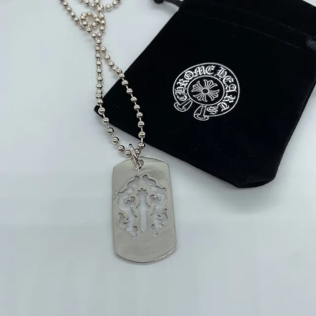 Chrome Hearts Dog Tag Necklace Silver Silhouette Cutout Cross-and-Sword Motif Necklace