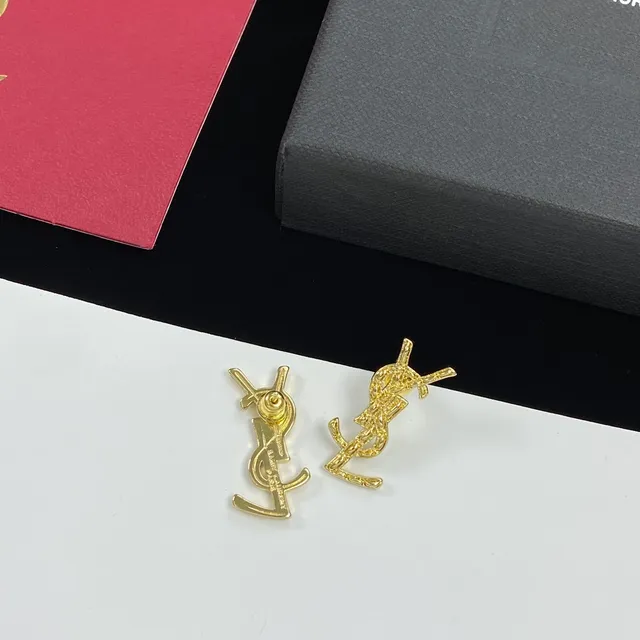 Saint Laurent Monogram Gold Silver Logo Stud Earrings