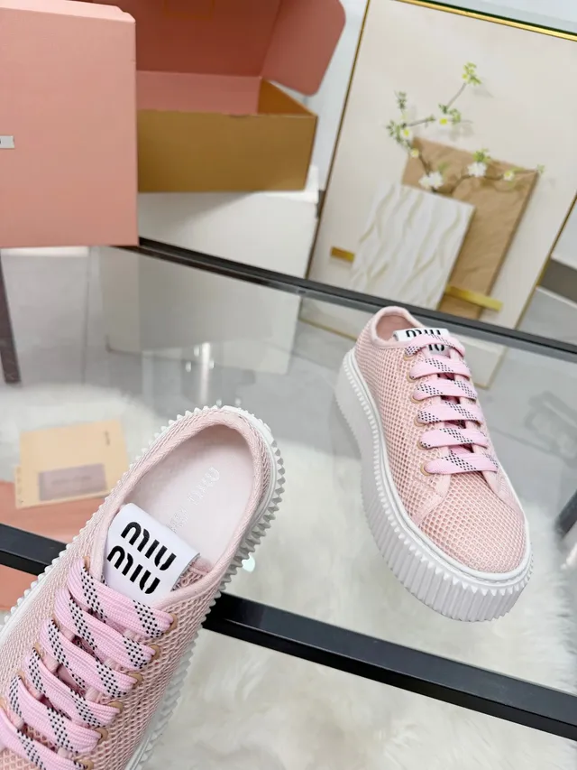 Miu Miu Platform Sneaker Pink White Mesh Upper Ridged Sole Lifestyle Sneakers