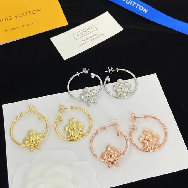 Louis Vuitton Silver Hoop 3D Floral Motif Earrings
