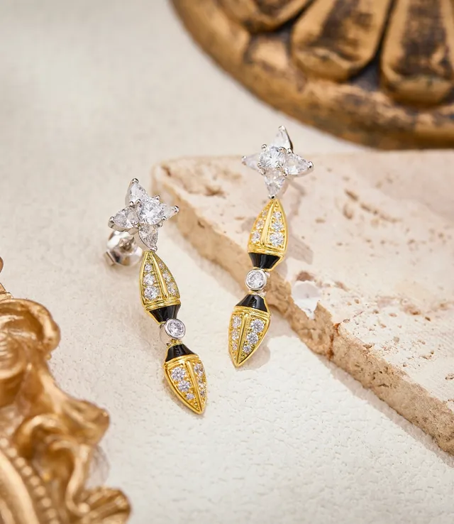 Gold-Tone Star and Black Enamel Pavé Drop Earrings