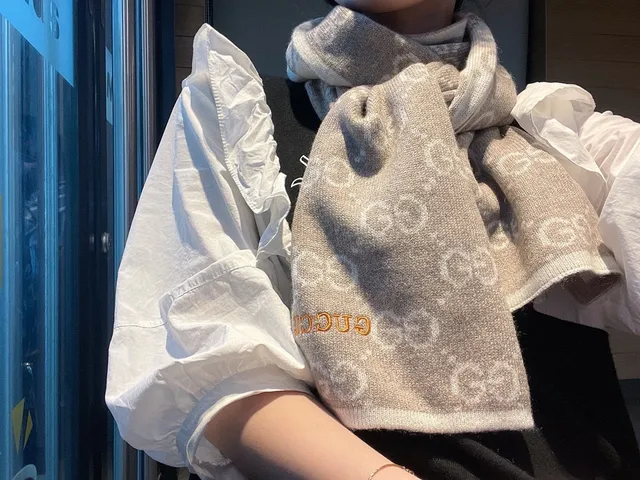 Gucci GG Monogram Knitted Beige and Taupe Cashmere Scarf