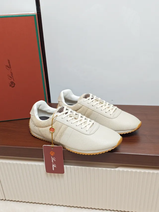 Loro Piana Beige White Textured Leather Upper Suede Side Panels Sneakers
