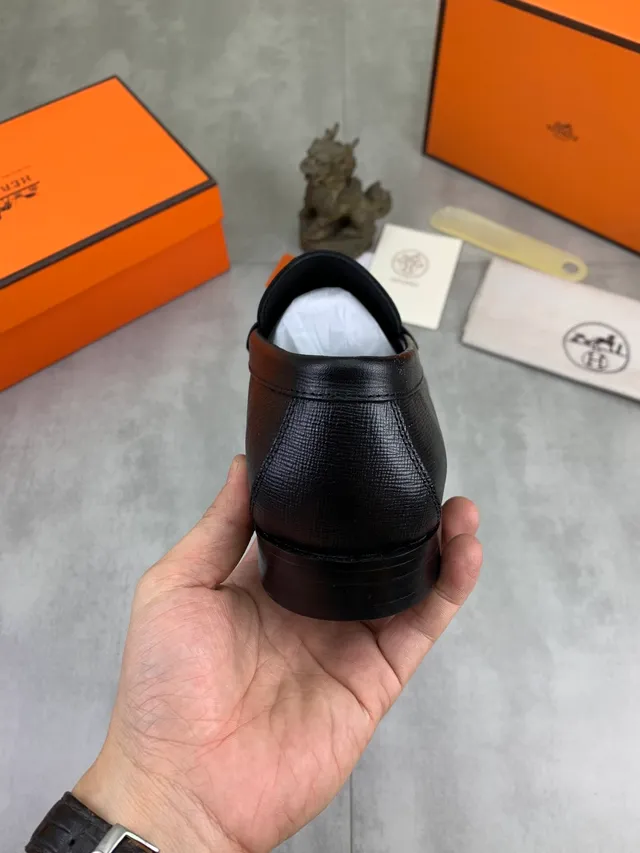 Hermès Oran Black Textured Leather H-Strap Loafers