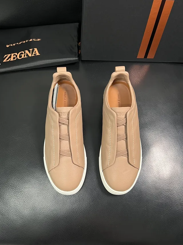 Zegna Beige Leather Slip-On Sneakers