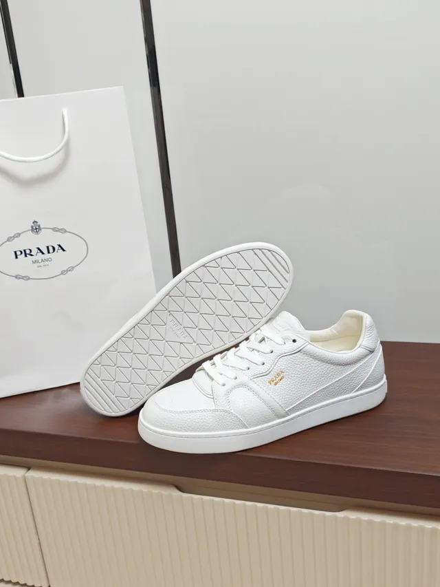 Prada White Gold Pebbled Leather Low-Top Lifestyle Sneakers