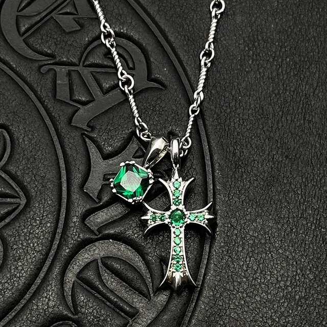 Chrome Hearts Cross Pendant Necklace Silver Purple Gothic Pavé Crystal Embellishment Necklace