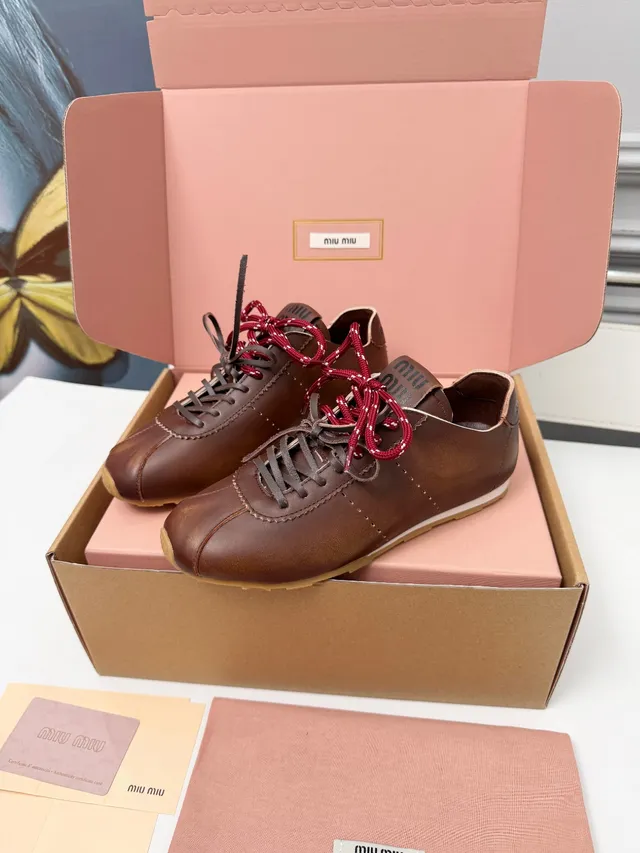 Miu Miu Brown Red Leather Upper Dual-Tone Laces Sneakers