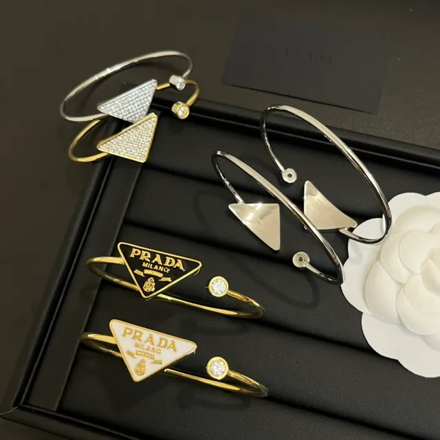 Prada Triangle Logo Bracelet Silver Gold Triangular Charm Pavé Crystal Bracelet