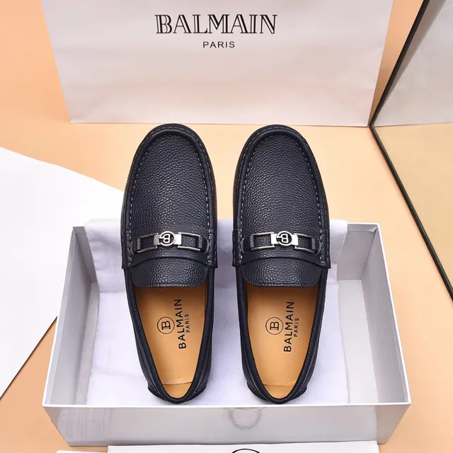 Balmain B-Court Black Beige Pebbled Leather Metal Buckle Loafer