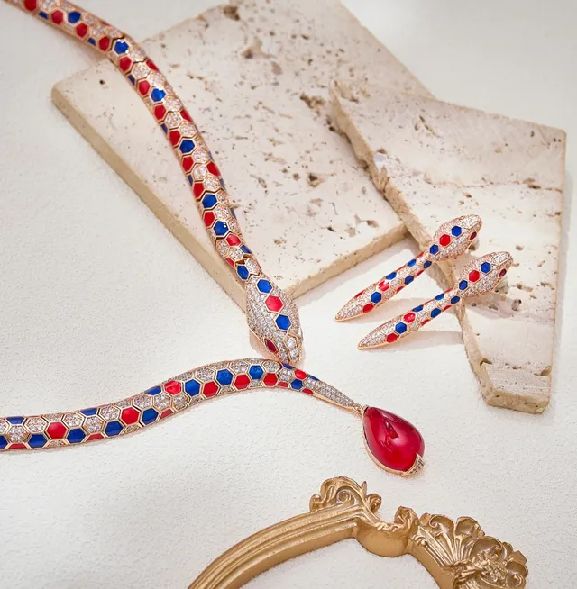 Snake-Shaped Hexagonal Enamel and Pavé Crystal Earrings