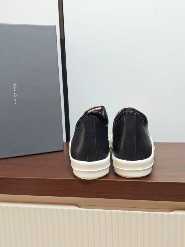 Rick Owens Black White Low-Top Leather Upper Lifestyle Sneakers